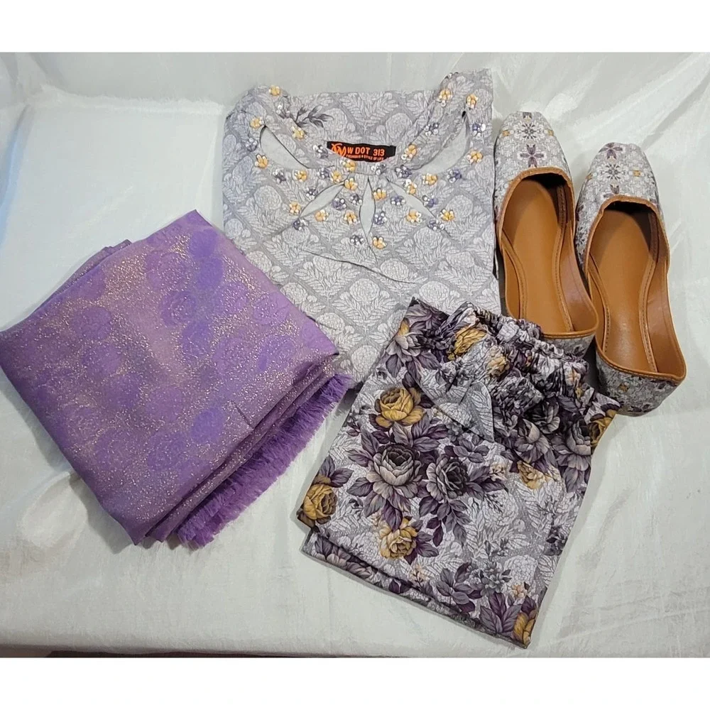 Women's 3pc Cotton Dupatta Kurta Set w/ Matching Shoes - Purple Floral 44